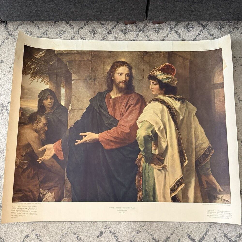 Vtg Antique Christ And The Rich Young Ruler Heinrich Hofmann Print Read 40x32”